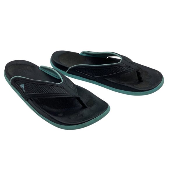 Adidas Men Flip Flop Sandals Size 7 Black & Aqua Rubber Sole Comfortable USED - Picture 1 of 5
